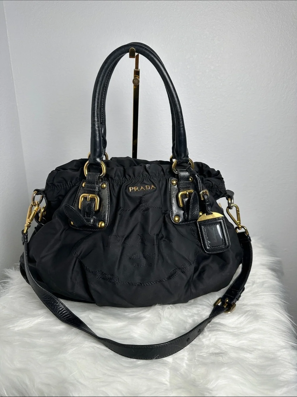 💯Authentic Prada Tessuto Nylon Gathered Satchel Shoulder Bag Black🍀